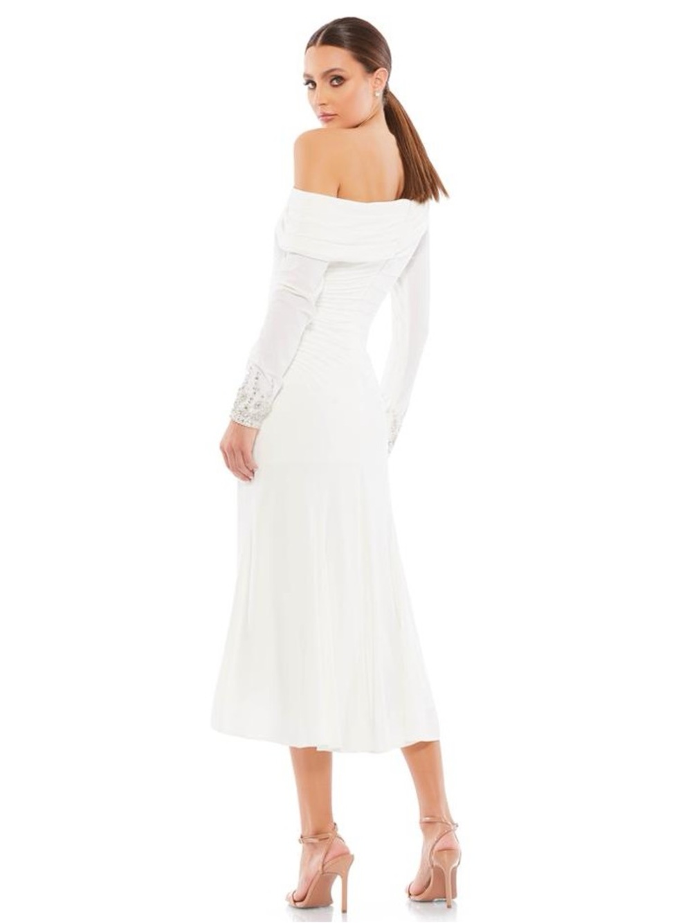 NWT MAC DUGGAL White Fold Over Long Sleeve Jeweled Midi Dress Size 14 - Picture 3 of 12